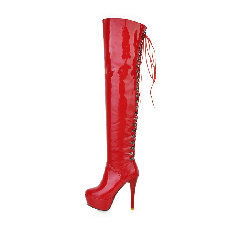 Sgesvier Fashion Red Women\'s Thigh High Boots Sexy High Heel Over The Knee Boots Women PU leather Sexy Long Dance Party Shoes