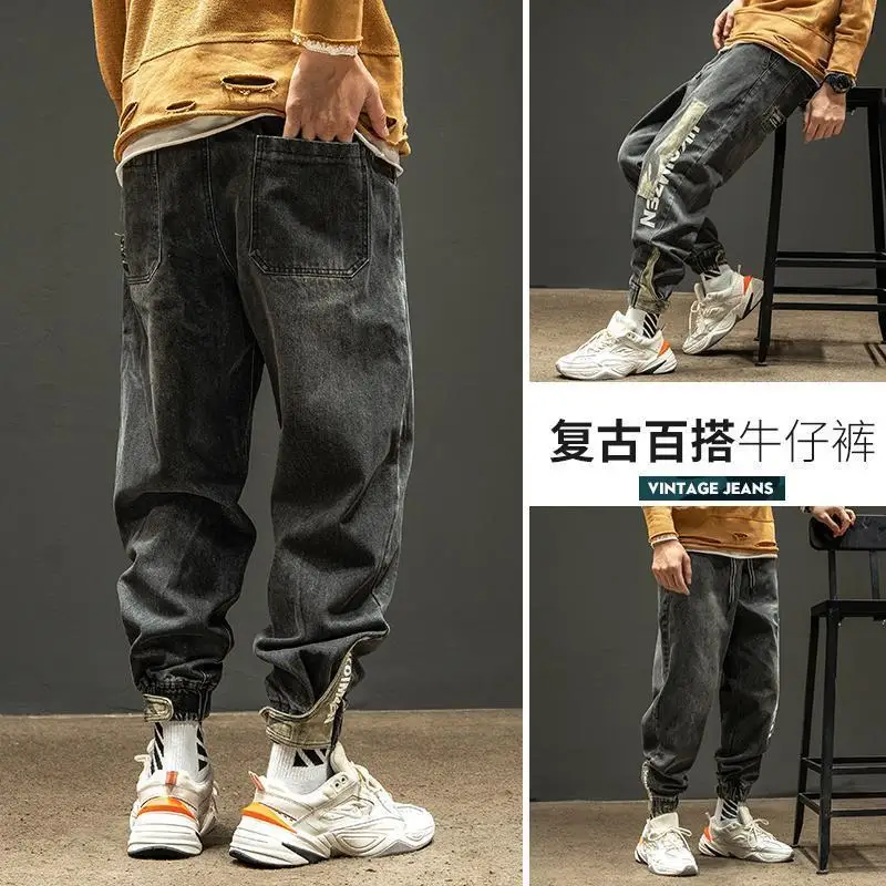 Jeans Men Spring/summer Retro Patchwork Camo Pants Men Loose Ankle-tied Pants Multi-pocket Jogger Cargo Pants Elastic Waist 5xl