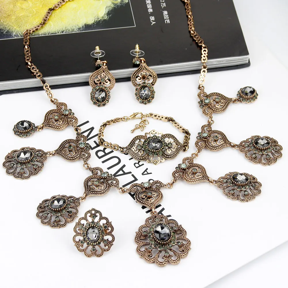 Sunspicems Vintage Turkish Jewelry Sets Gray Crystal Earring Bracelet Ring Necklace Sets Bohe Bride  Jewelry Antique Gold Color