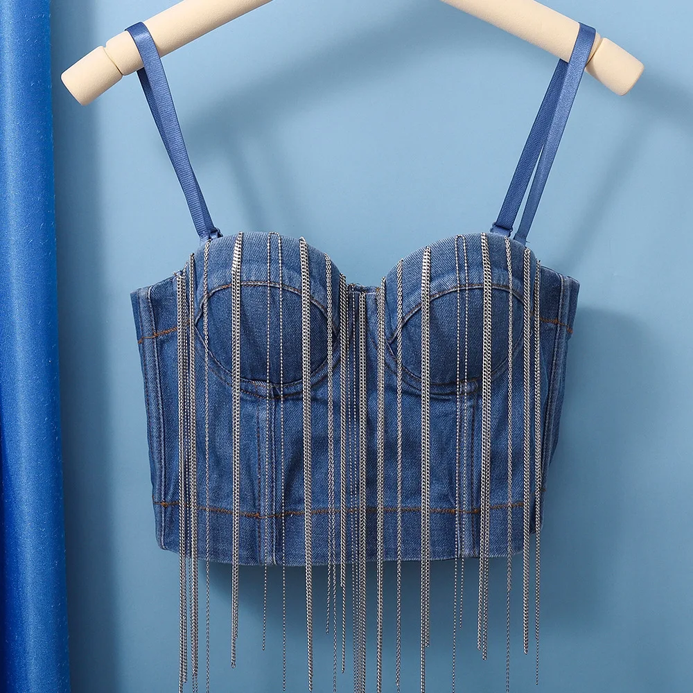 Cupnaya Tassel Fringes Women Denim Blue Crop Top Sexy Push Up Bustier Padded Corset Jeans Camisole Group Girls Dance Tube Vest