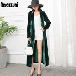 Nerazzurri High Quality Long Green Black Soft Velvet Trench Coat for Women Fall 2022 Peaked Lapel Long british style Overcoat