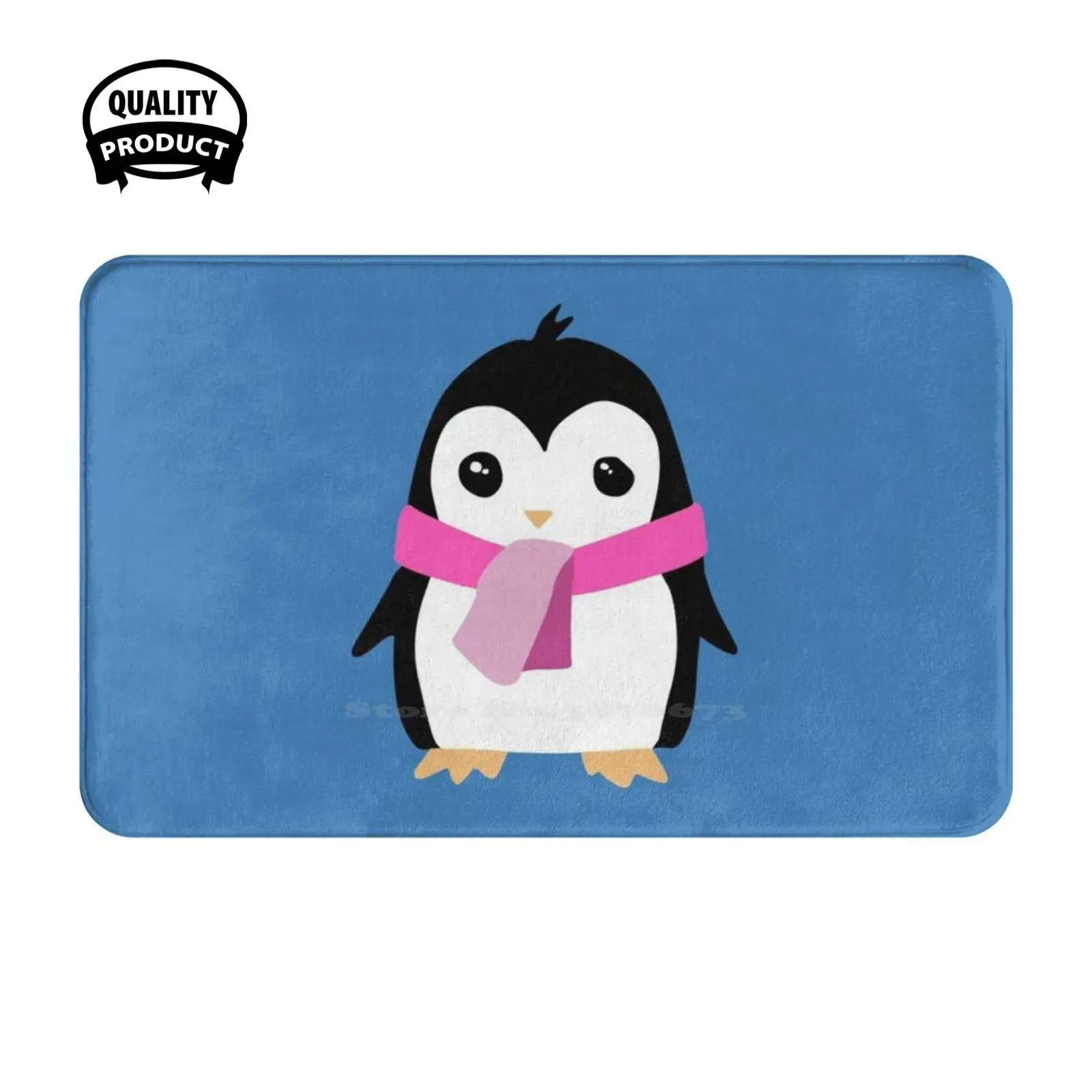 Illustration With Pink Scarf Soft Cushion Home Carpet Door Mat Car Rug Penguins Aesthetic Penguin With Kawaii Penguin Winter