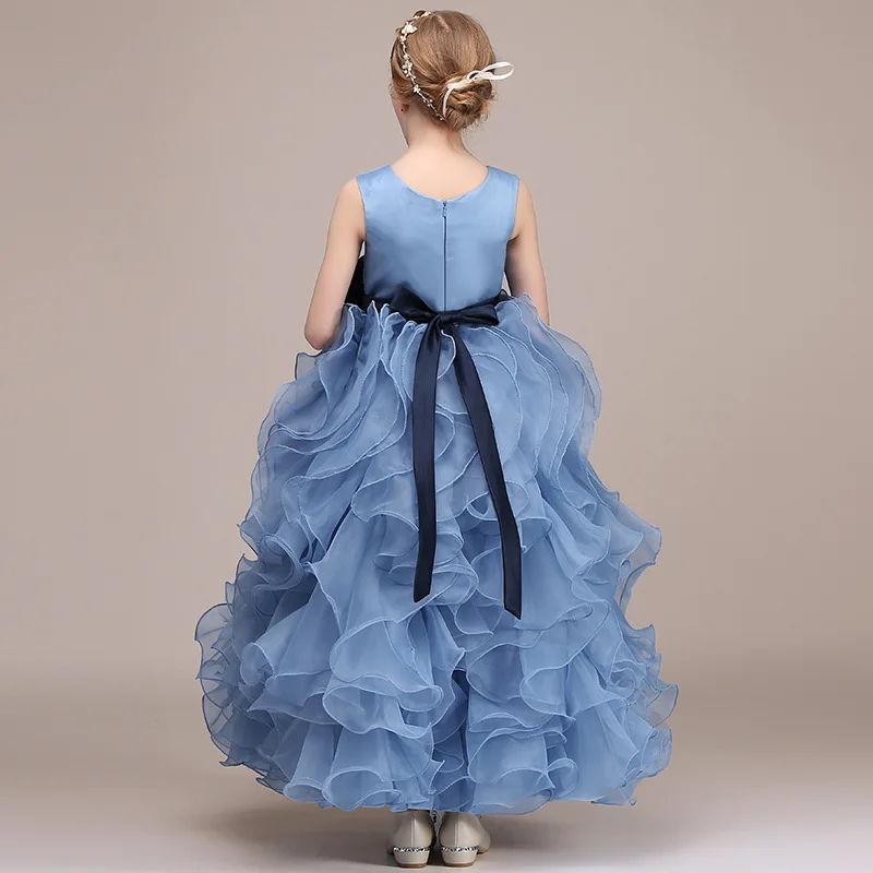 Dideyttawl Customized Luxury Formal Birthday Party Dress For Kids Blue Ruffles Princess Gowns Flower Girl Dresses For Wedding