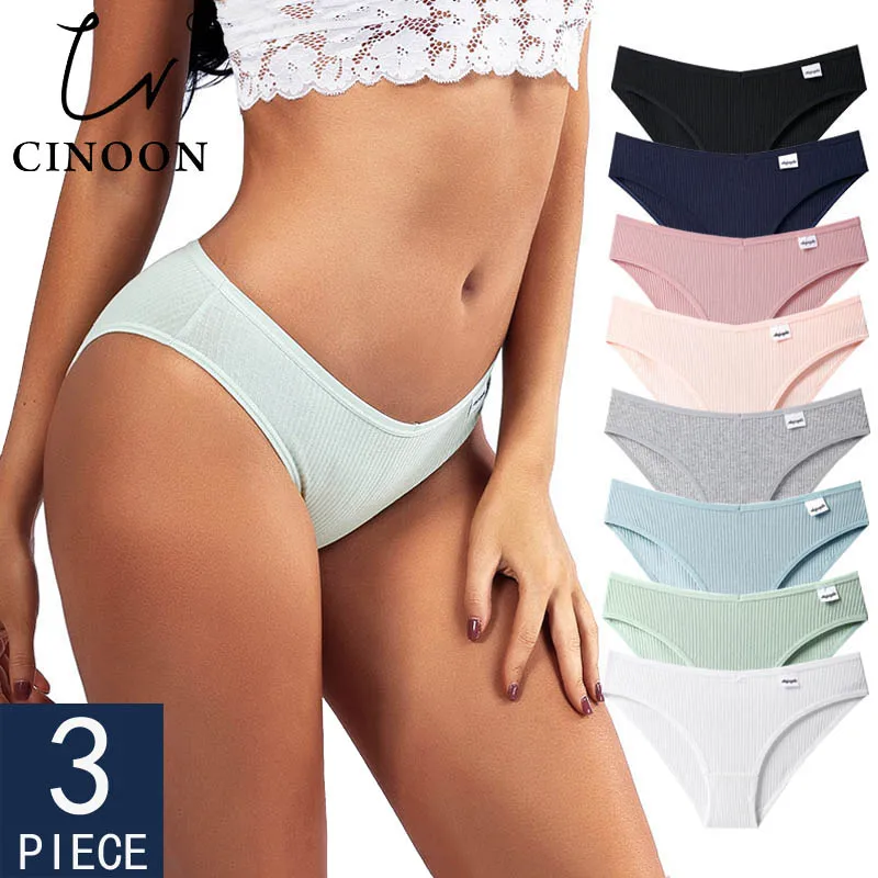 CINOON 3PCS/Set Women\'s Panties Striped Cotton Underwear Solid Color Briefs Low-Rise Soft Panty Women Underpants Female Lingerie