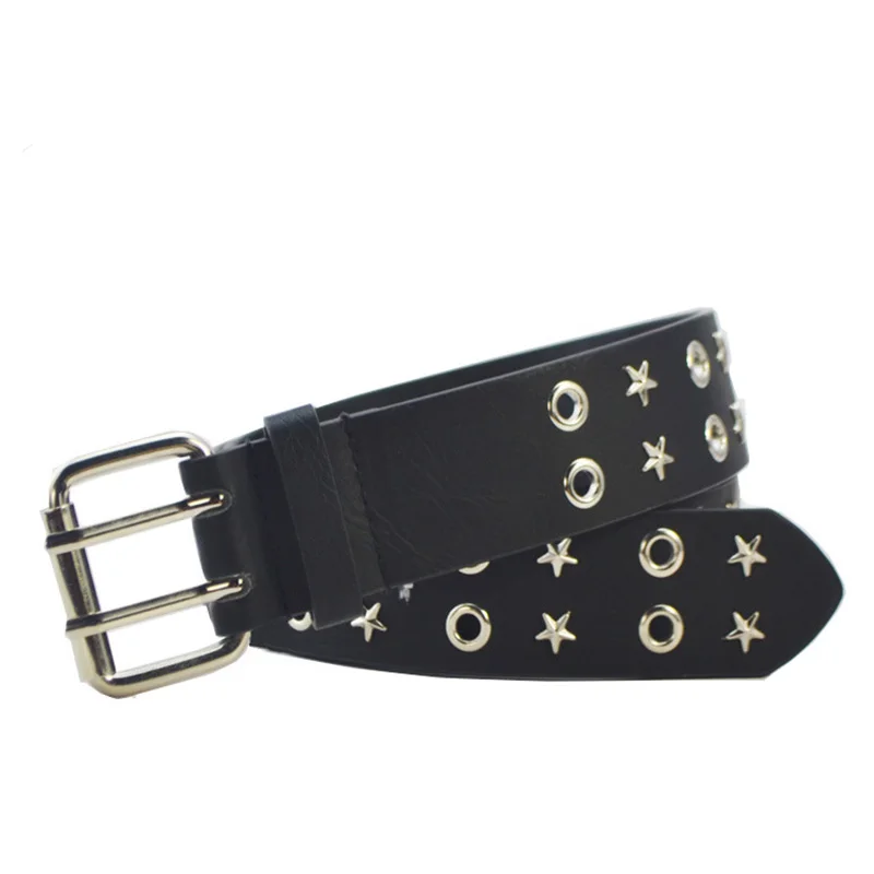 Maikun Upgraded Version Men's All-Match Eye Belt New Punk Double Row Pin Buckle Denim Star Waistband