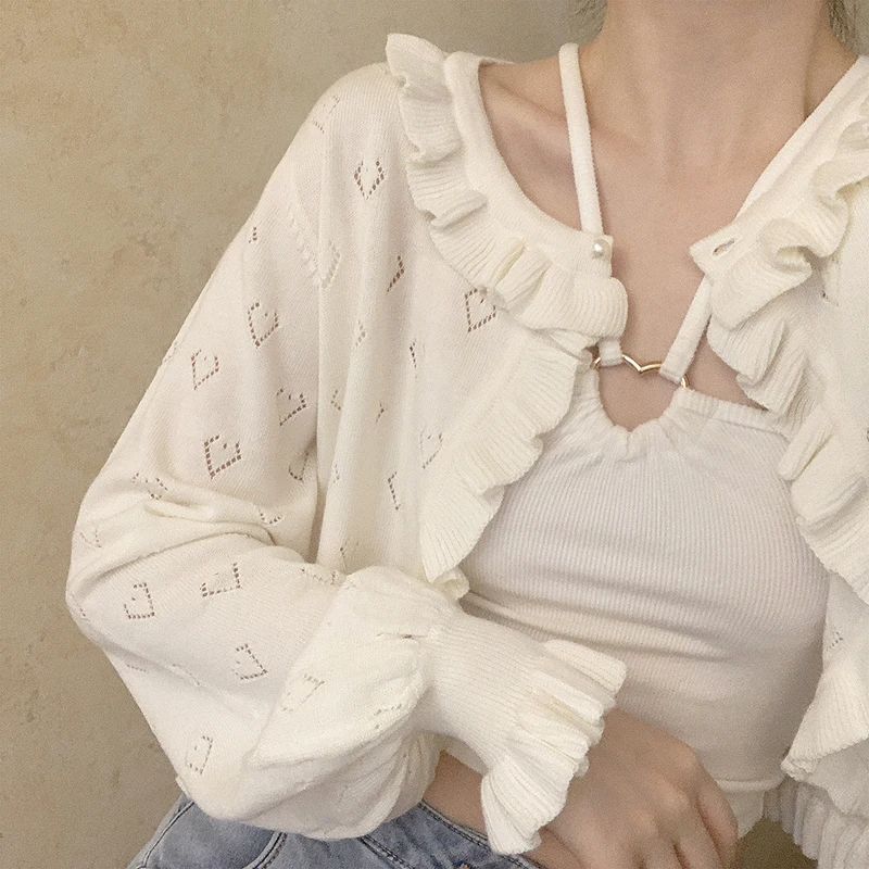 Cute Hollow Heart Girls Cardigan Women Kawaii White Short Knitted Sweater Korean Pearl Button Aesthetic Long Sleeve Crop Tops