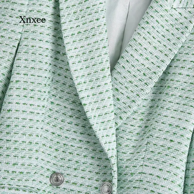 2021 Winter Tweed Female Two-Piece Green Retro Office Ladies Double-Breasted Suit Jacket Female Slim High Waist Skirt Skirt Suit