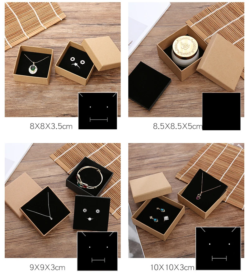 12pcs Cardboard Jewelry Set Box for Ring Necklace Rectangle Tan Black 5X5X3cm 7x9x3cm 9x9x3cm Travel Jewelry Organizer Case