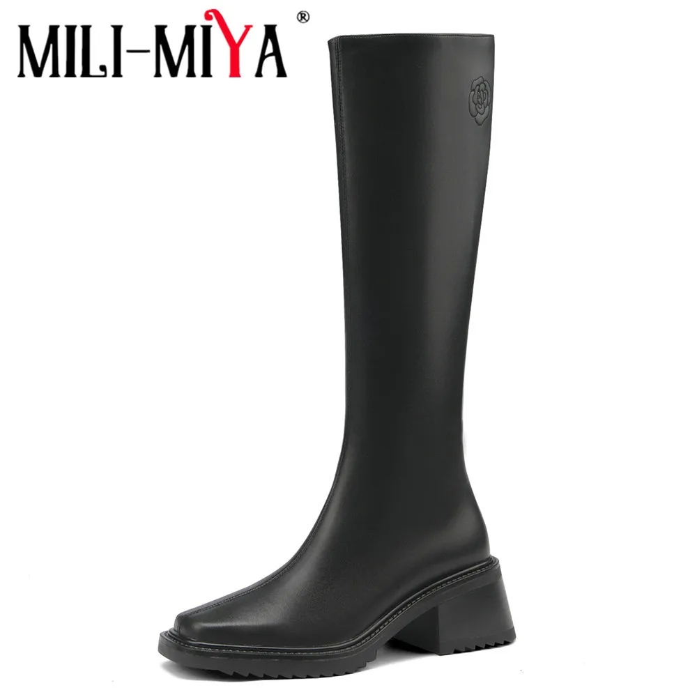 

MILI-MIYA Fashion Brand Camellia Design Women Full Genuine Leather Knee High Boots Solid Color Round Toe Thick Heels Handmade