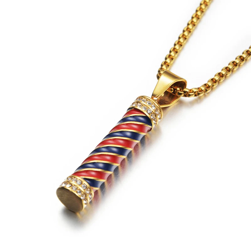 Hiphop Iced Out Barber Pole Lamp Pendant Necklaces For Men Male Gold Color Stainless Steel Chains Men's Hip Hop Jewelry Gift