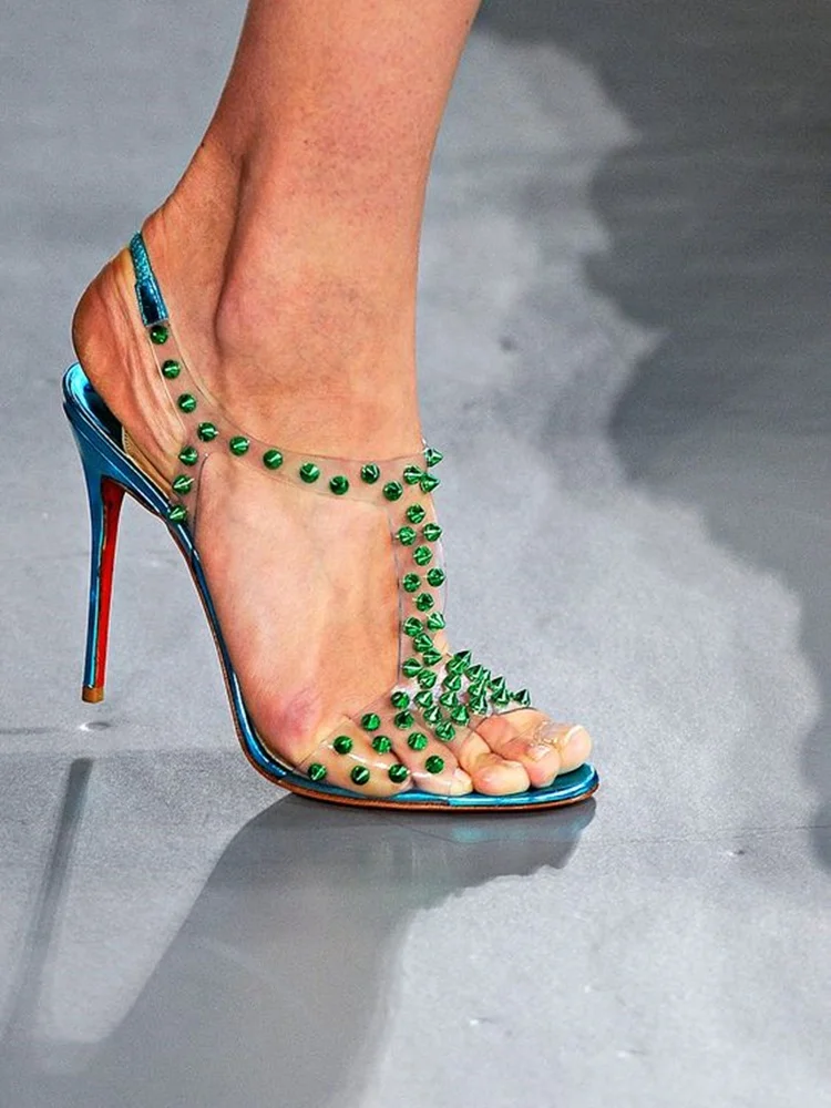 Green Rivet Clear PVC Sandals Open Toe Ankle Strap Thin High Heel Dress Shoes Stiletto Heel Ankle Buckle Runway Shoes