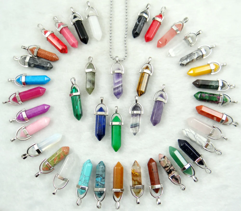 Hot Selling Natural Stone Quartz Crystal lapis tiger eye Hexagonal Column pendulum Pendant for women Jewelry Making Necklace