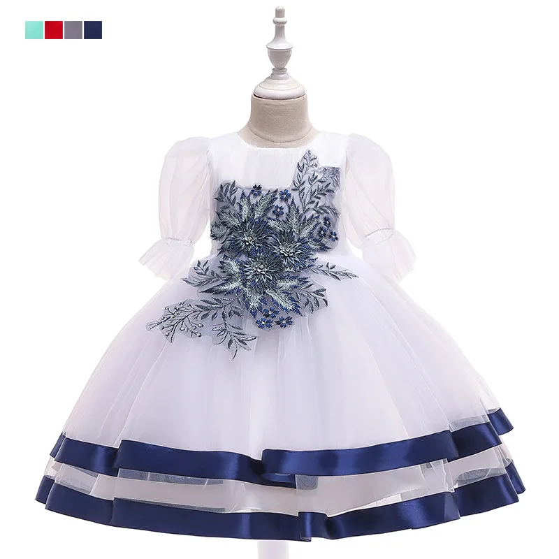 2021 New Mesh Embroidered Princess Dress Bubble Sleeve Flower Wedding Dress Piano Table Performance Dress