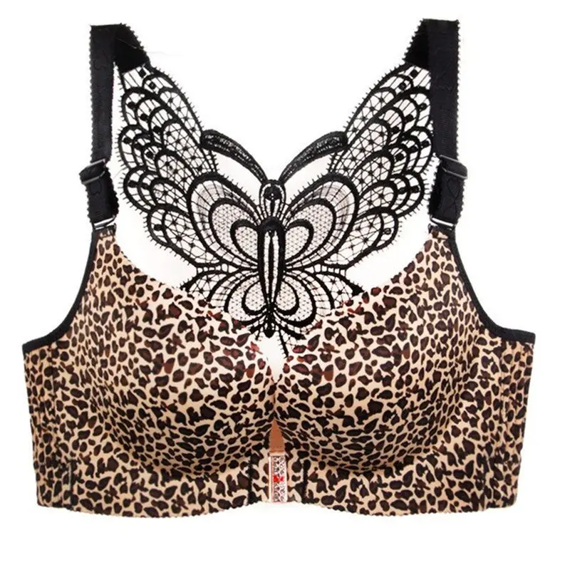 Meizimei Leopard Bra Sexy Gather Beauty Back Women Solid Adjusted-Straps  Front Closure  Push Up  Seamless Wireless Lace BCDE