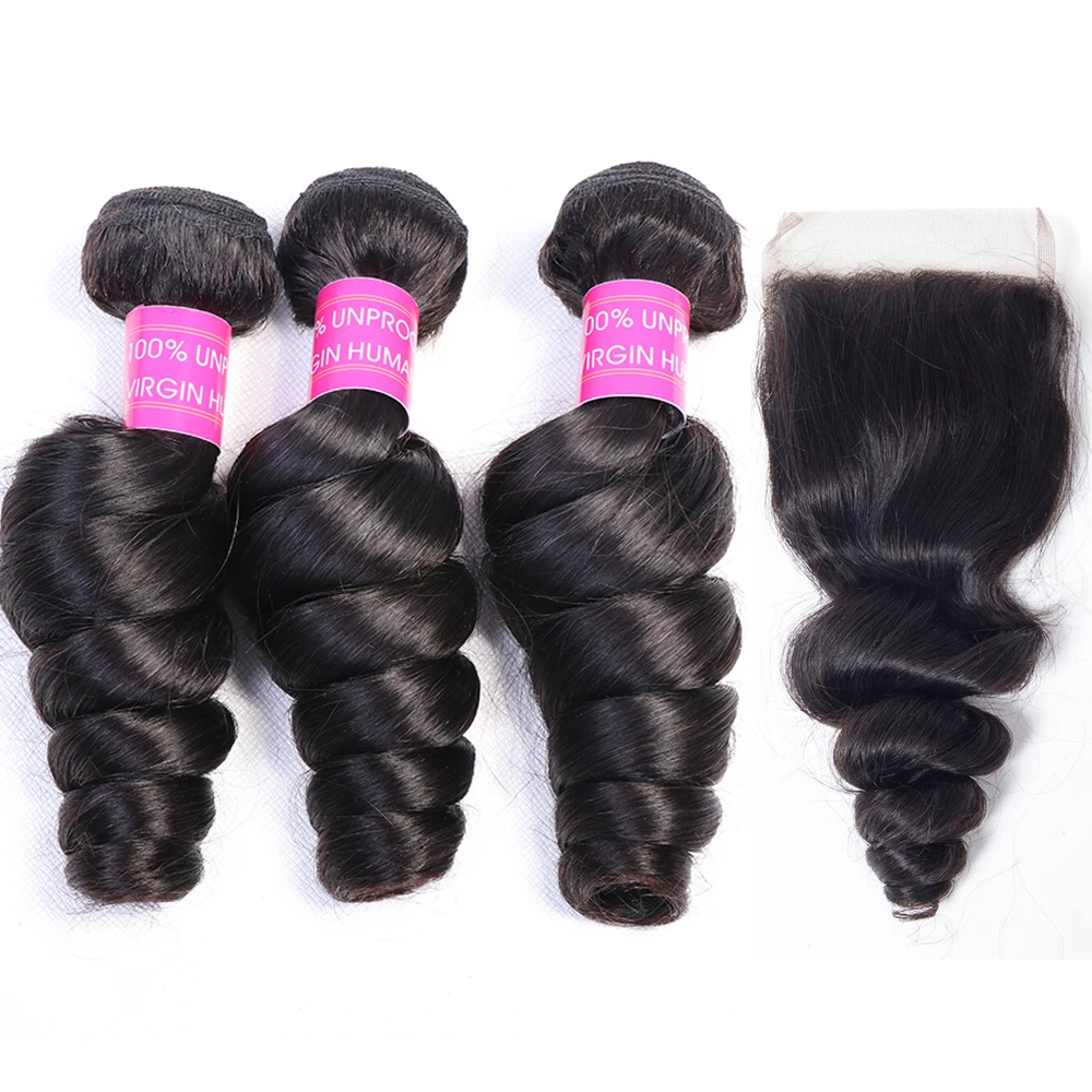 Brazilian Loose Wave Bundles with Closure Human Hair 3/4 Bundles Hair Extension 4x4 10 -22 inches Lace Closure with Bundles