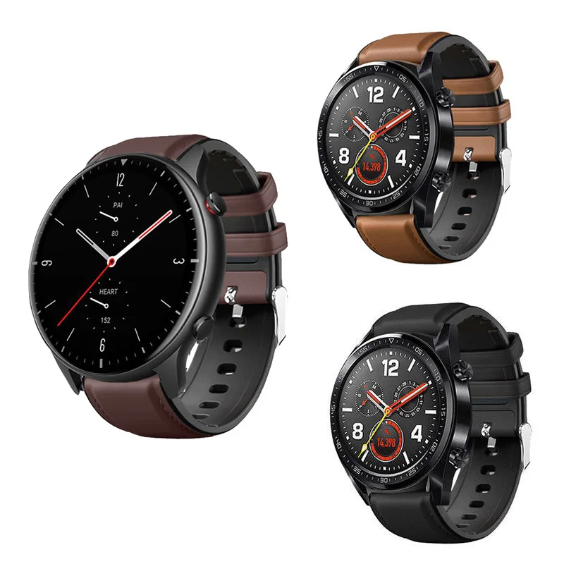 جلد + سيليكون حزام الساعات ل Huami Amazfit GTR2 2e 47 مللي متر بيس ستراتوس 3 2 2 s سوار ل Amazfit GTR 2 حزام 22 مللي متر حزام الساعات