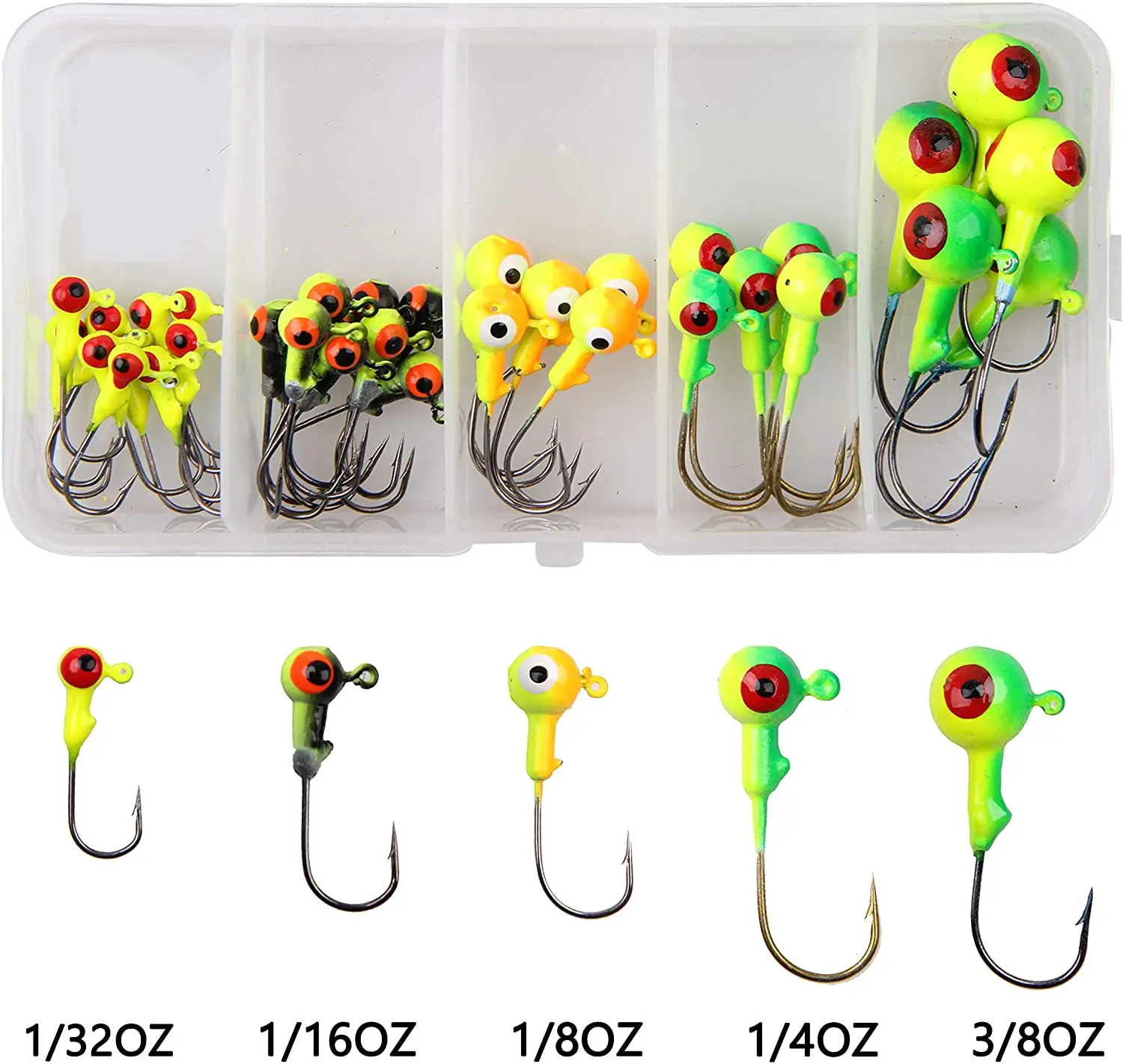 35pcs  Fishing Jig Head Hook Ball Jig Head Worm Bait For Freshwater and Saltwater With Plastic Box Size 1/32oz-3/8oz