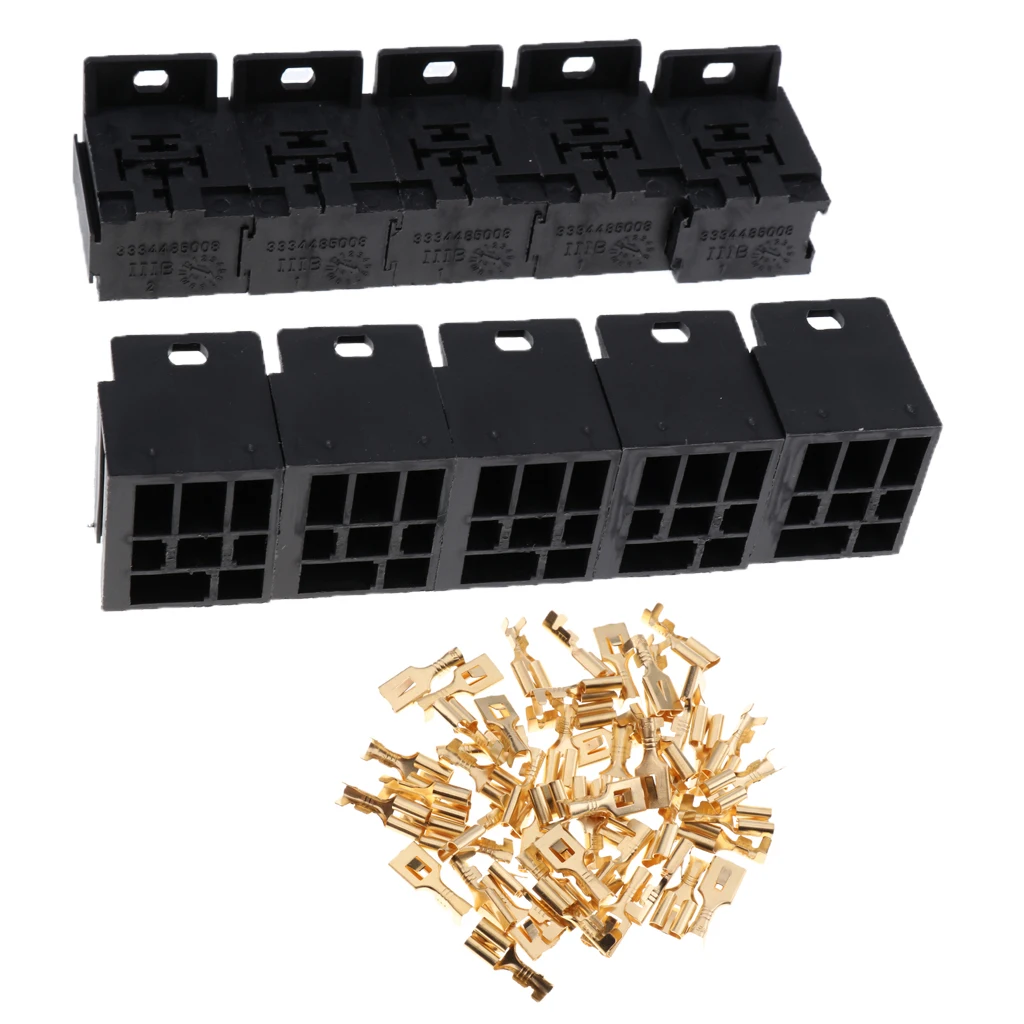 10pcs Car Automotive 5 Pin Relay Socket Holders + 6.3mm Copper Terminals 5 Pin Relay Connector Socket