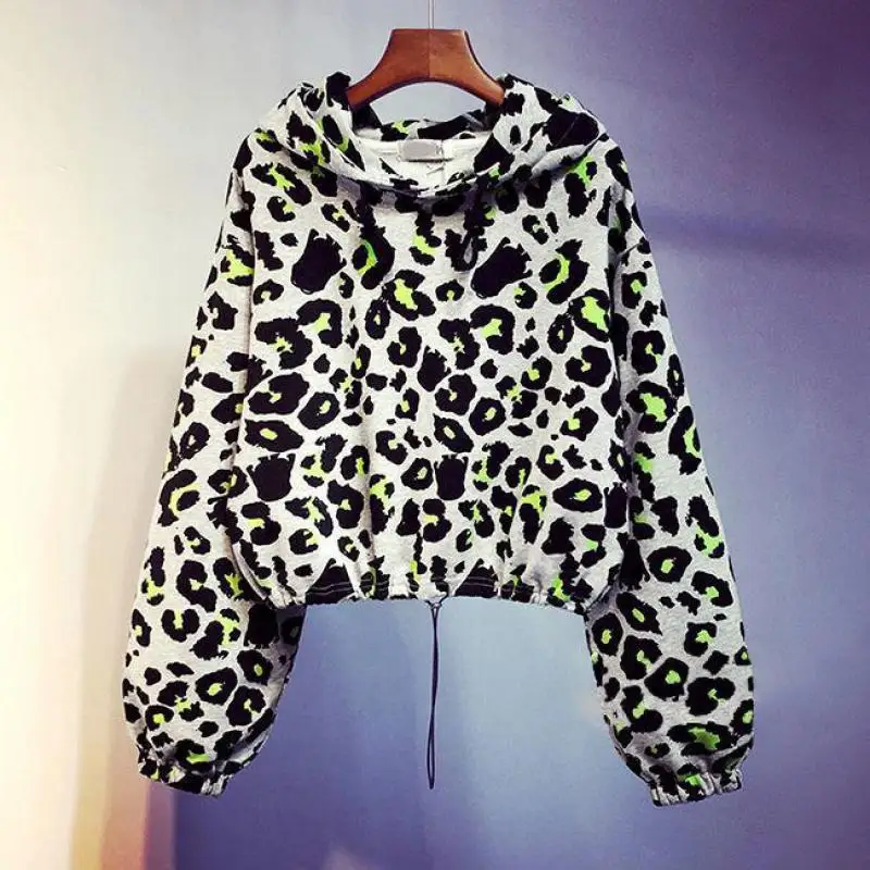 2021 New Autumn Plush Thick Leopard Print Long Sleeve Hoodies Women Pullover Korean Short Coat Loose Tops Fashion Long Sleeve