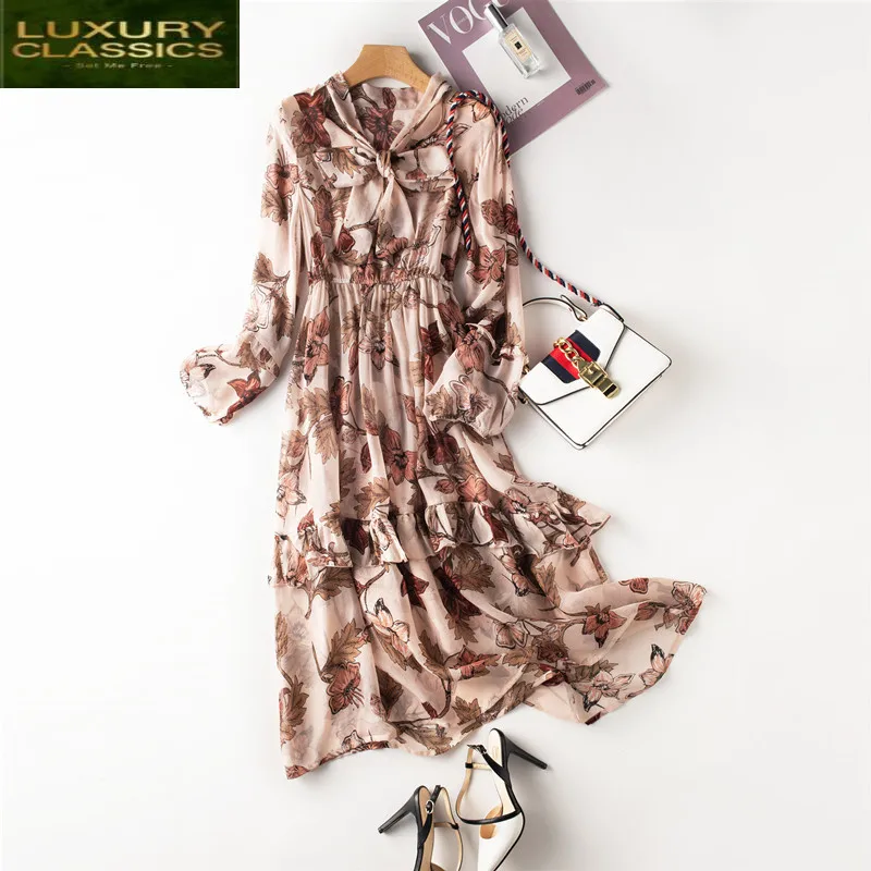 Dress Silk Summer Real Women Vintage Long Vestidos 2021 Korean Elegant Floral Dresses Boho Beach Evening Party Dress 3147