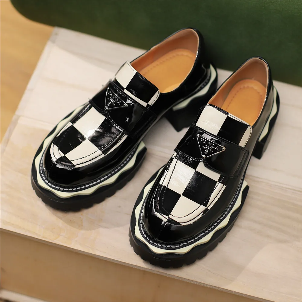 MILI-MIYA Spring Autumn Women Pumps Platform Thick Heels Black White Patent Cow Leather Elegant Slip On Fashion Office Shoes