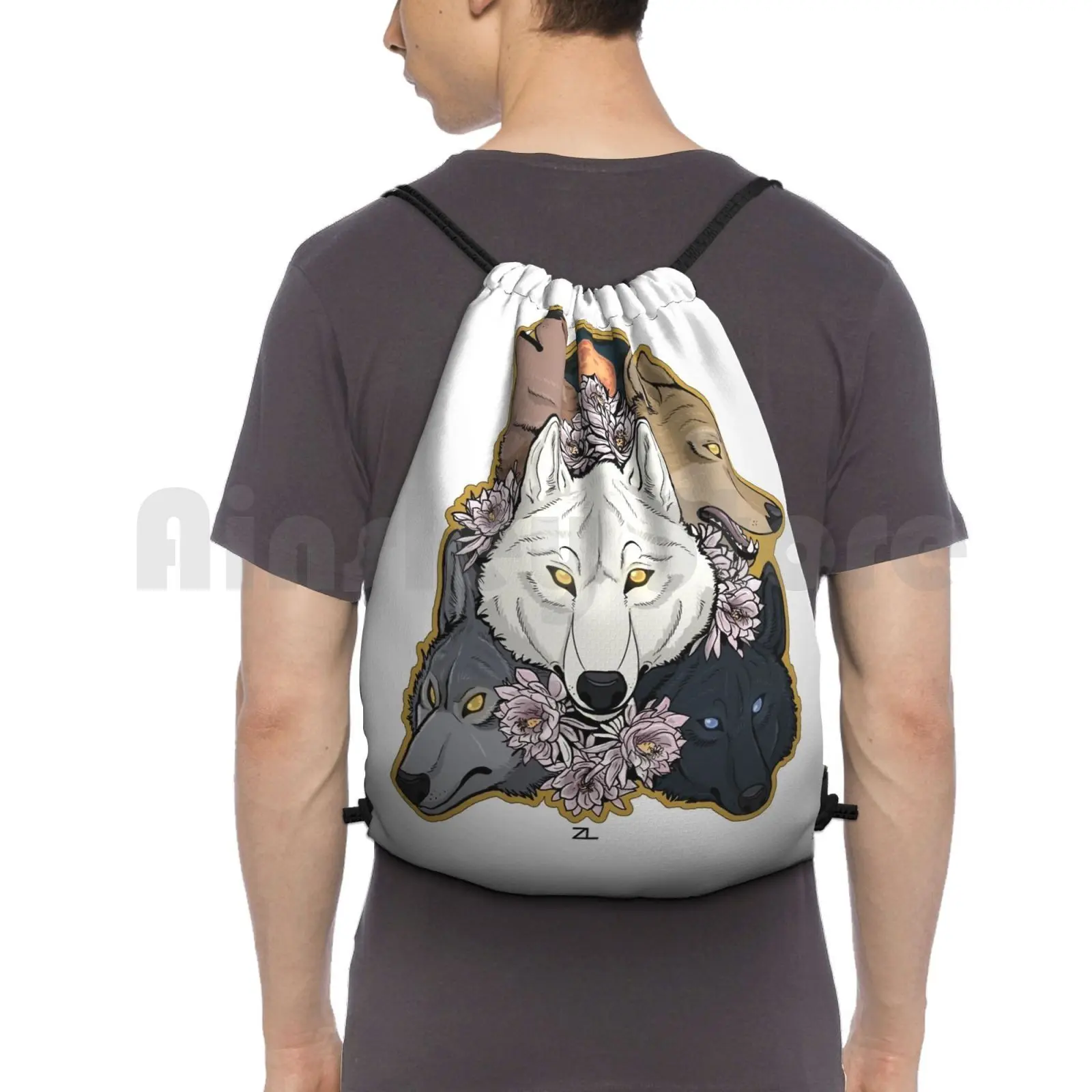 Seeking Paradise Backpack Drawstring Bags Gym Bag Waterproof Wolfs Rain Wolfs Rain Anime Wolf Wolves Canine Animal Lunar