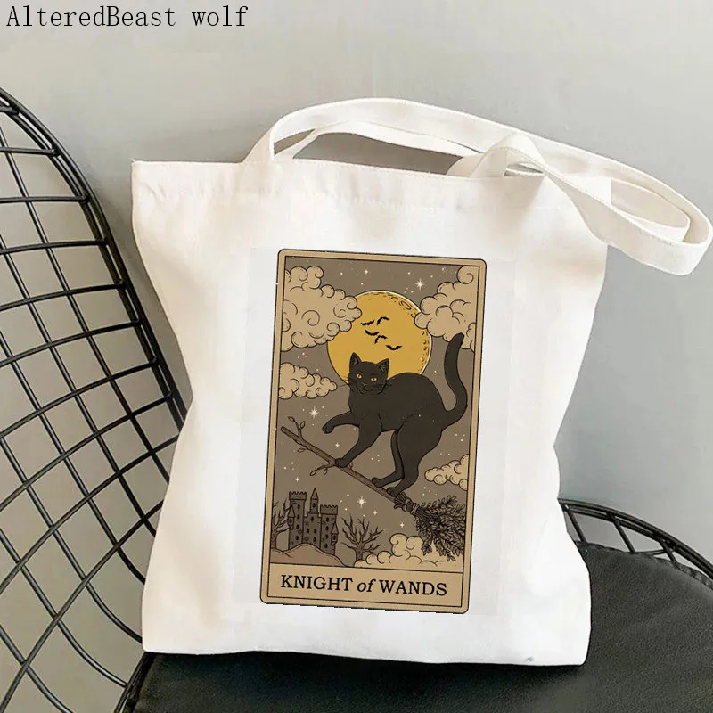 

Женская сумка для покупок Knight of Wands Cat Tarot bag Harajuku Shopping Canvas Shopper Bag girl Tote Женская сумка через плечо