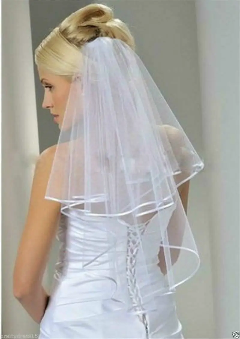 White Bridal Wedding Veil 2 Tier with Comb Handmade Elbow Length