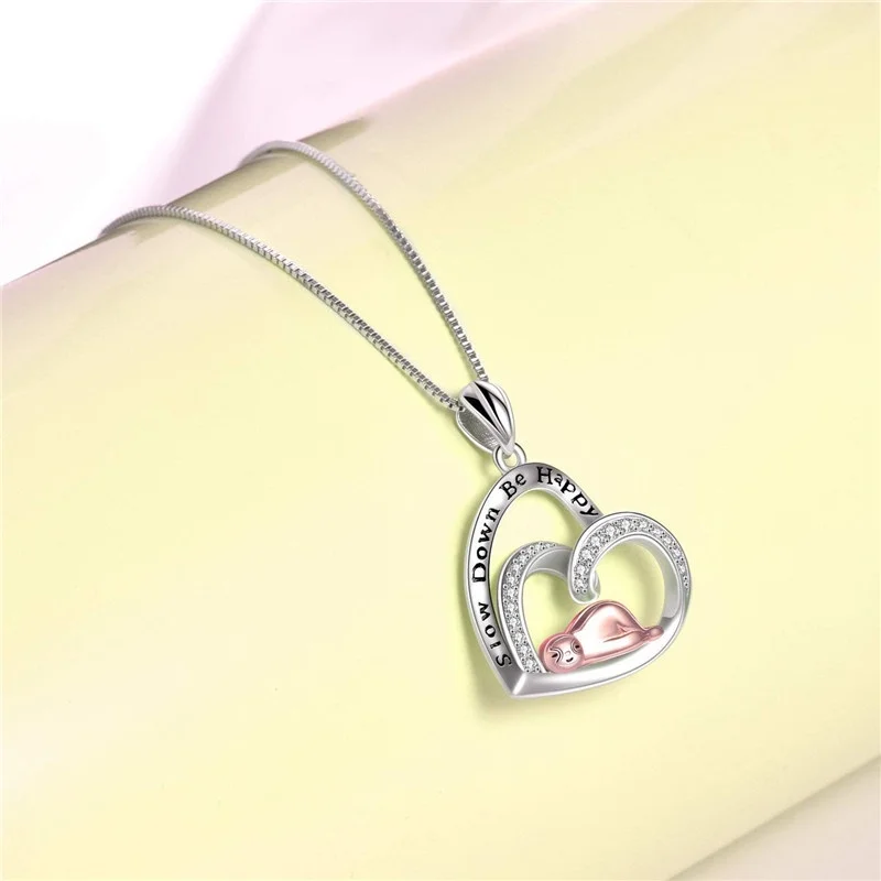 Fashion Silver Lovely Sloth Monkey Heart Engraved Word  Pendant Necklaces