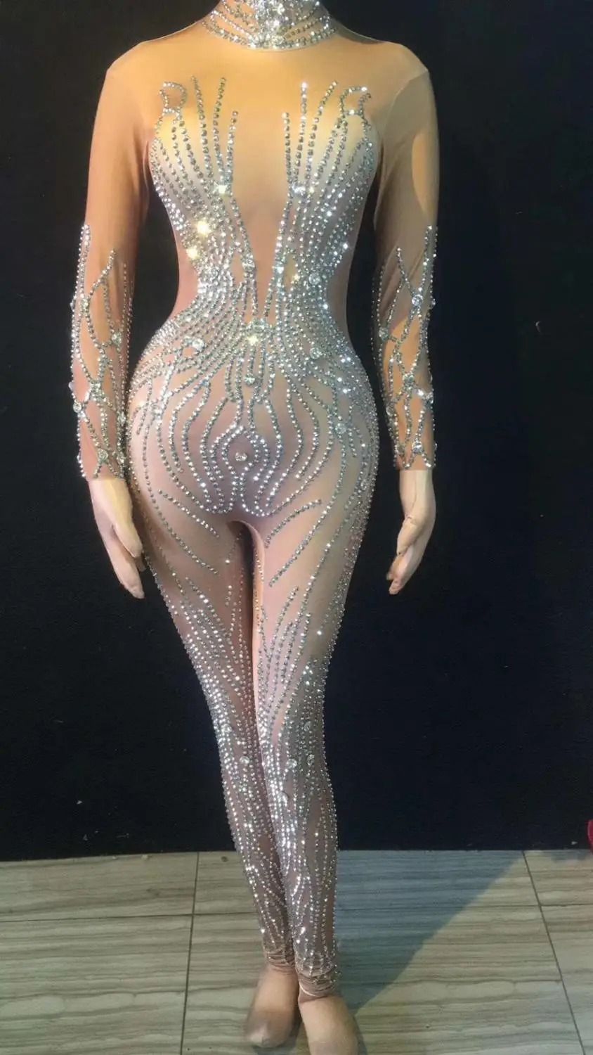 

Stretch Outfit Silver Rhinestones Nude Jumpsuit Sexy Performance Bodysuit Female Singer Rompers Stage Wear Birthday Dance Wear