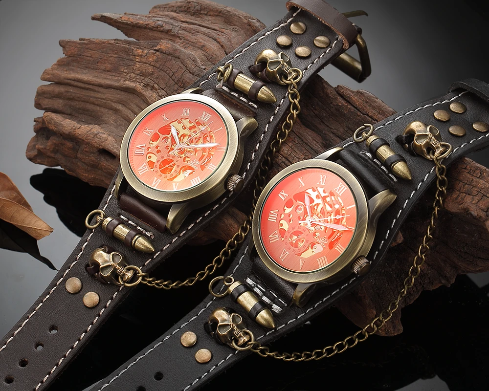 Antiek Kogel Skelet Mannen Automatisch Mechanisch Horloge Gothic Klok Steampunk Self Kronkelende Horloges Bruin Vintage Reloj Hombre