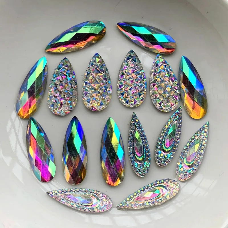 shiny AB Resin 6*20mm/8X22mm/10X20mm Peacock eye Teardrop Flat back rhinestone scrapbook DIY Wedding applique ornament