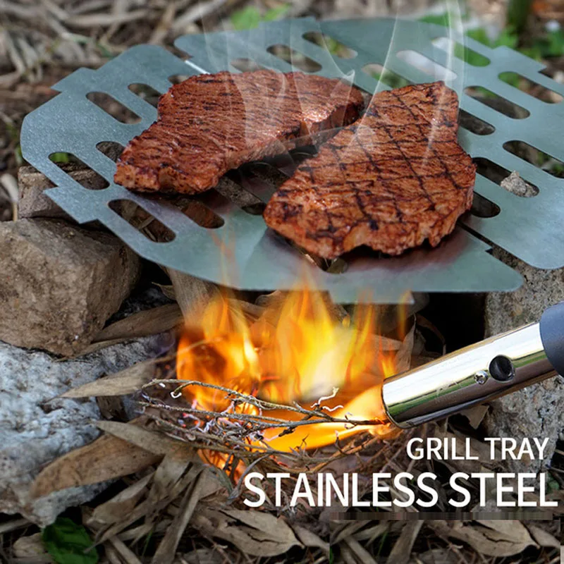 Outdoor 304 stainless steel bakeware folding barbecue plate camping self-driving barbecue round hexagonal grilling net picnic