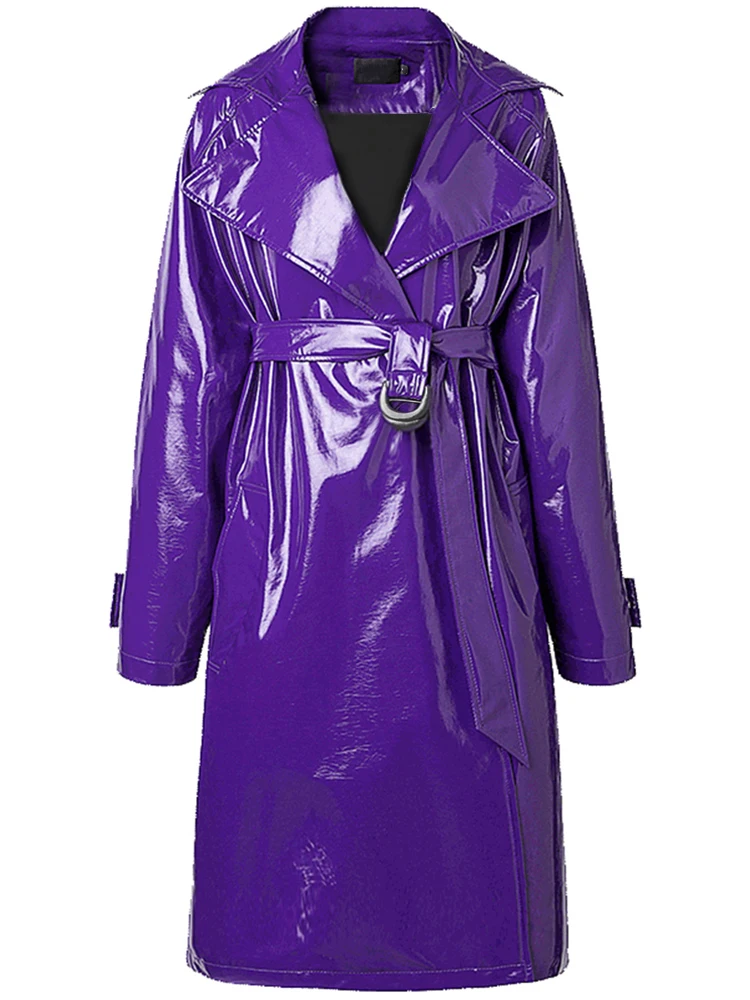 Imagem -04 - Nerazzurri Primavera Outono Roxo Brilhante para Mulheres de Couro Patente Trench Coat Cinto Raglan Manga Oversized Macio Pista Longo Cabolsa