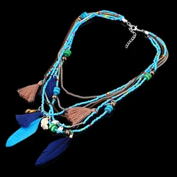 Bohemian Layers Necklaces Beads Tassel Long Ethnic Feather Statement Necklace For Women Jewelry Collar