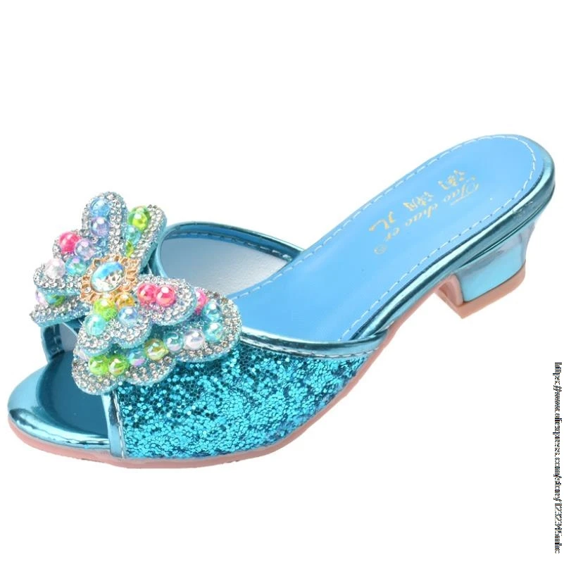 Disney Girls Slipper Rhinestone Butterfly Latin Dance Kids Shoes Children High Heel Princess Shoes Glitter Leather Party Wedding