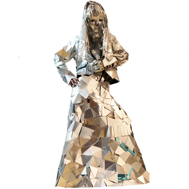 

silver mirror costume Space future show party women mirror dress nen suit Cosplay future wedding clothing