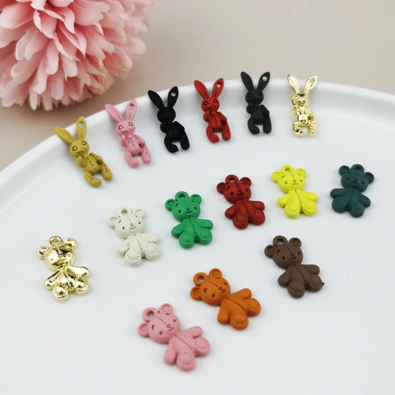 ApeUr 10pcs Spray Paint Bear Doll Bunny Alloy Charms Mini Animals Enamel Bracelet Floating Pendants For Jewelry Making Accessory