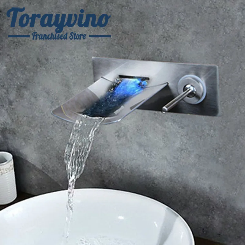 Torayvino Good Quality Bathroom LED Faucet Nickle Brushed Solid Brass Faucets Bathroom Waterfall Mixer Mixer Tap Wall Mounted