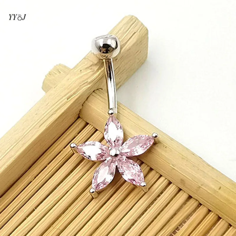 Pink purple Zirconia flower shape belly button navel ring 925 sterling silver body piercing jewelry beach hyperallergenic