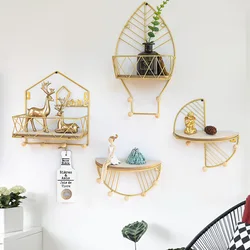 Decoration Craft Wood Iron Stand Storage Shelf Home Wall Decor Mounted Rack Makeup Storage Holder Decorative Floating Shelves