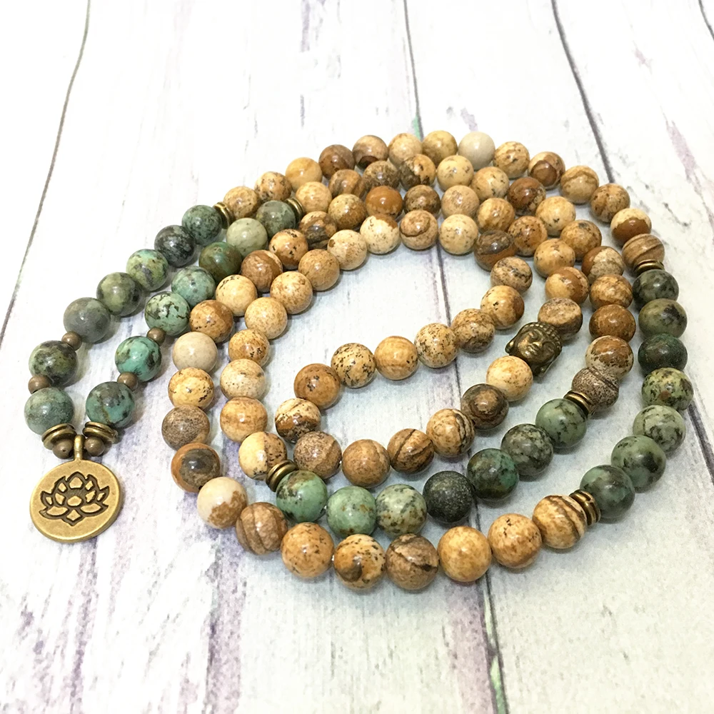 MG0587 AA Grade Picture Jasper Bracelet 108 Mala Women`s Yoga Necklace Bronze Lotus Charm African Turquoise Bracelet