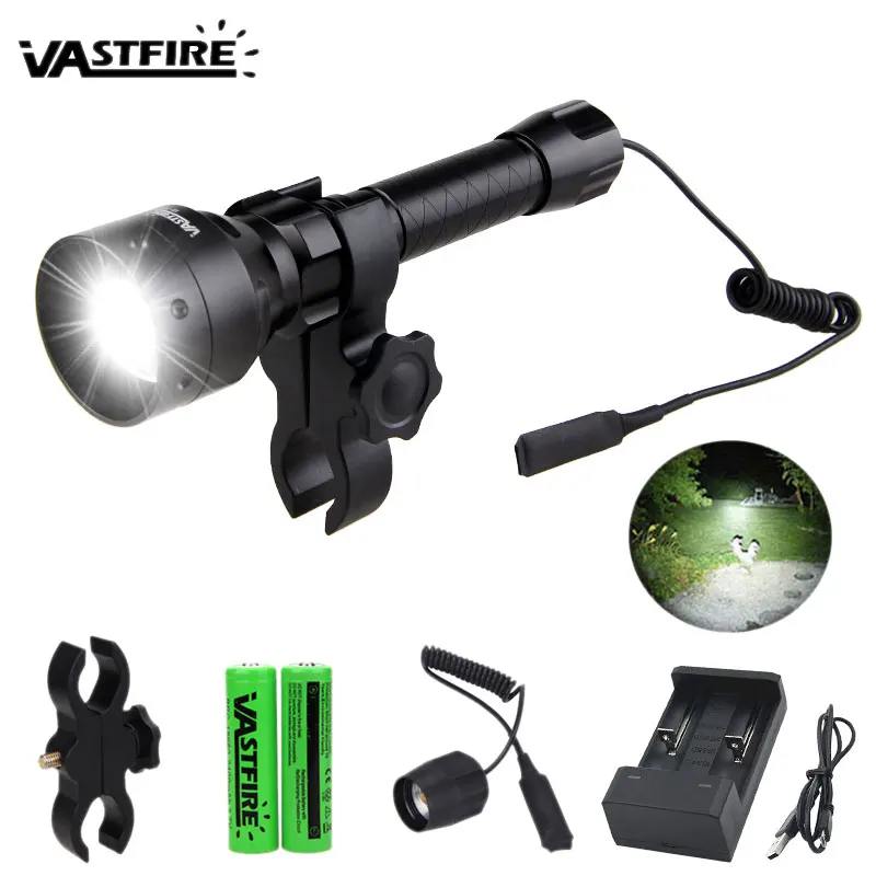 

T50 Tactical Hunting Flashlight Zoomable 500 Yards 55mm Lens UF-1405 Weapon Gun Torch+Rifle Scope Mount+Switch+18650+USB Charger