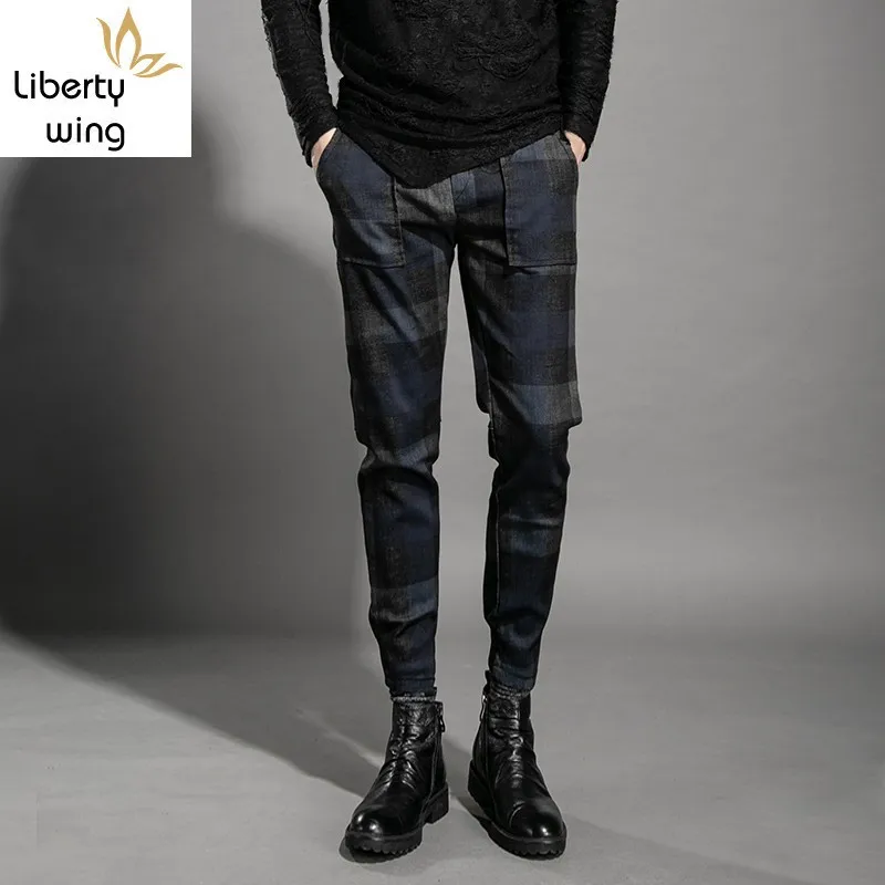 

Fashion Mens Cotton Plaid Jogging Spring Autumn Drawstring Waist Pencil Pants Male Casual Hip Hop Long Trousers Streetwear