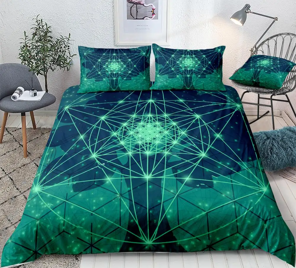 Geometry Tree Duvet Cover Set Triangles Circules and Squares Bedding Green Star Quilt Cover Queen 3PCS King Bed Set Dropship