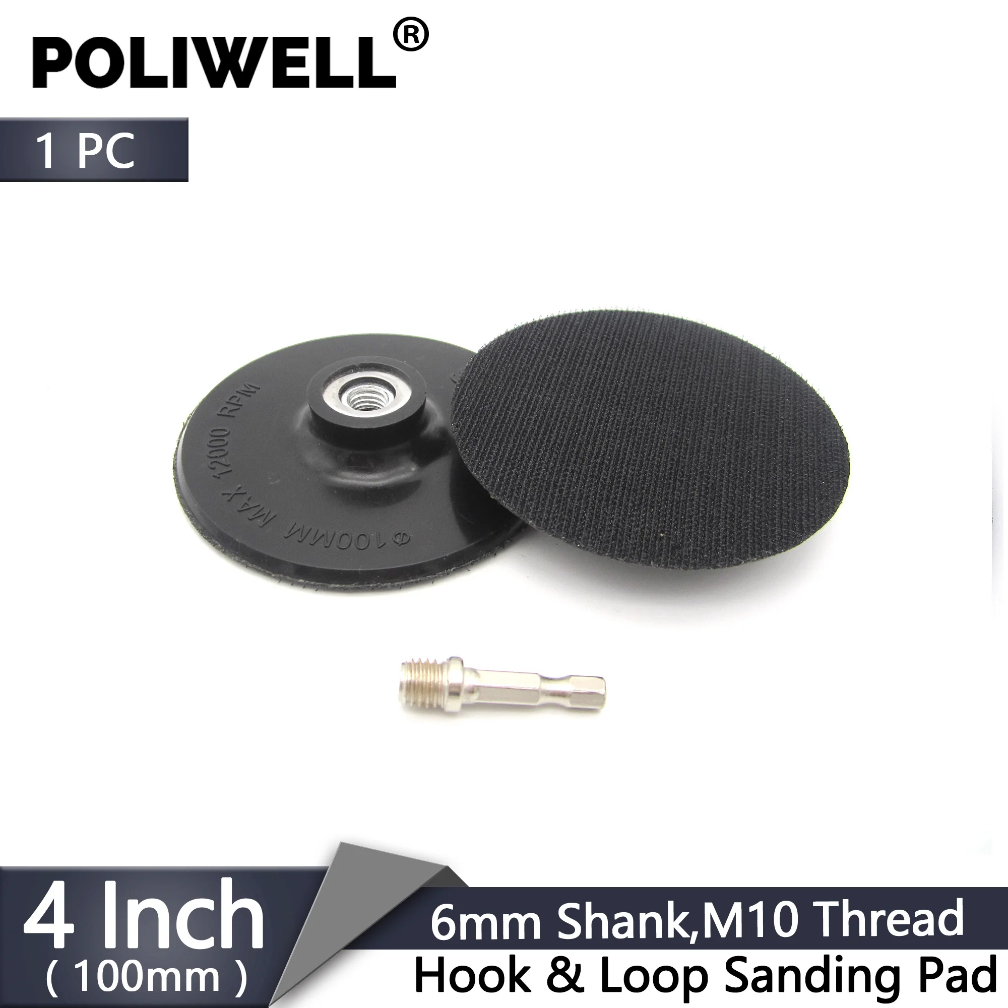 

POLIWELL 4 inch 100mm Hook & Loop Sanding Disc M10 Female Thread Back-up Pad+6mm Shank For 4" Hook&Loop Diamond Polishing Discs