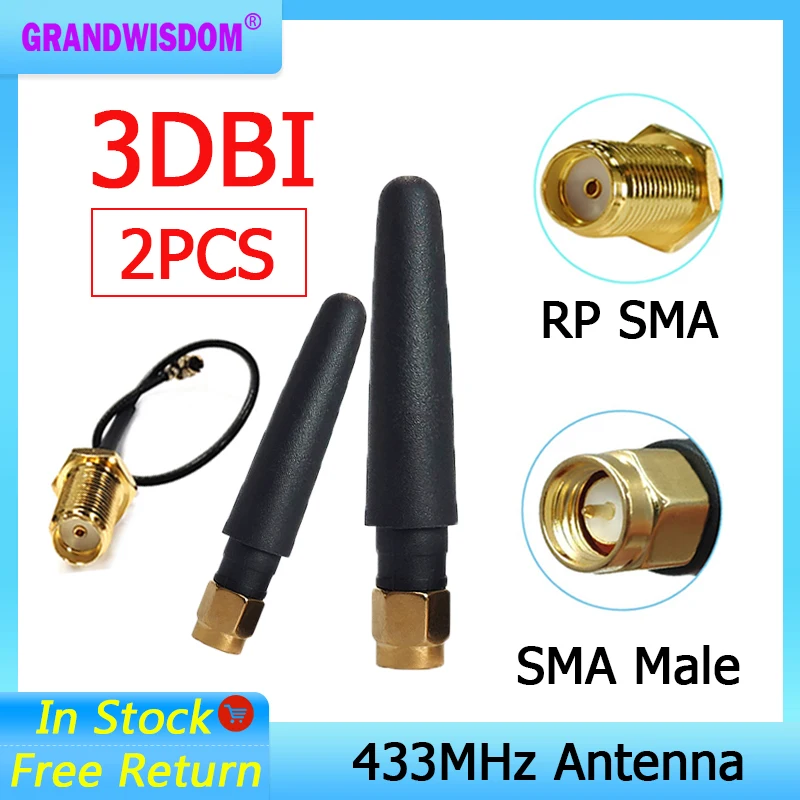 

GRANDWISDOM 2 шт. 433 МГц Антенна 2-3dbi sma штекер lora модуль lorawan антенна ipex 1 SMA Гнездовой Удлинительный кабель