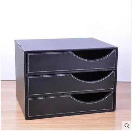 3-drawers wood structure synthetic leather A4 desktop file cabinet office table document desk organiser for office storage