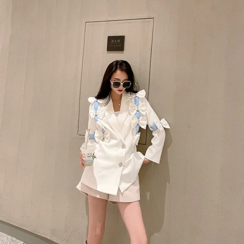 Blazer Fashion Women Autumn New Lady Bow White Suit Jacket Streetwear Single Breasted Party Full Sleeve Outerwear Female S-2XL