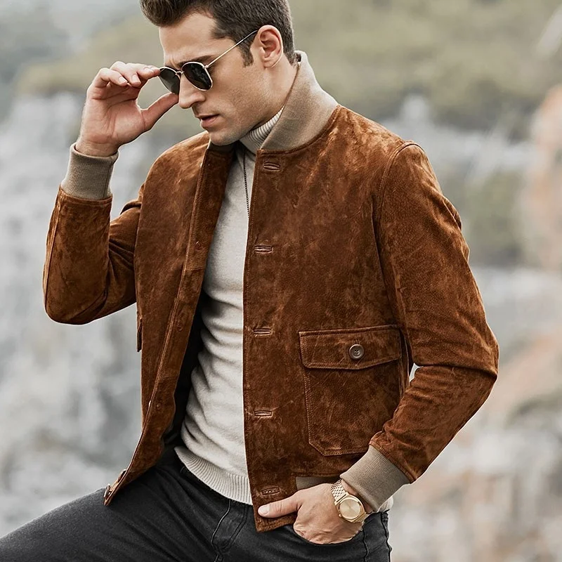 Quality High Genuine Leather Pigskin Slim Fit Mens Short Jackets Rib Sleeve Stand Collar Single Breasted Causual Coats Plus Size